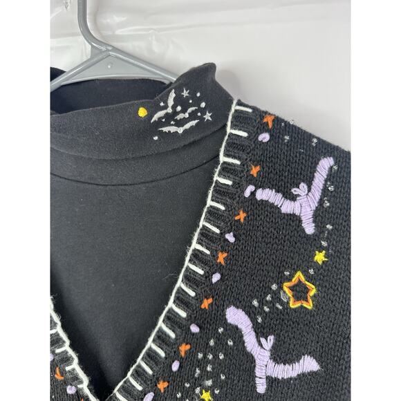 VTG Holiday Editions Halloween Sweater Vest Women XL Black Jack O Lantern Bats - Picture 8 of 14